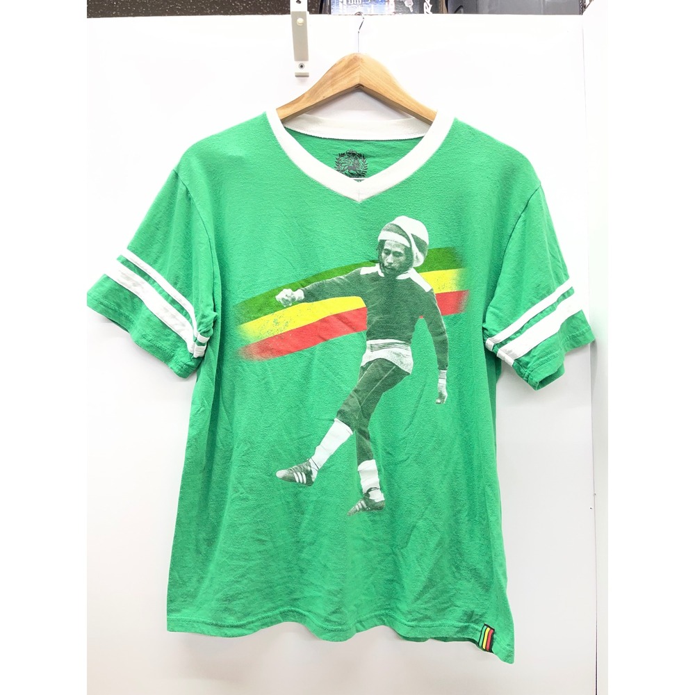 Bob Marley Burnin Graphic T-Shirt Mens Large Green Ringer V-Neck Soccer Reggae